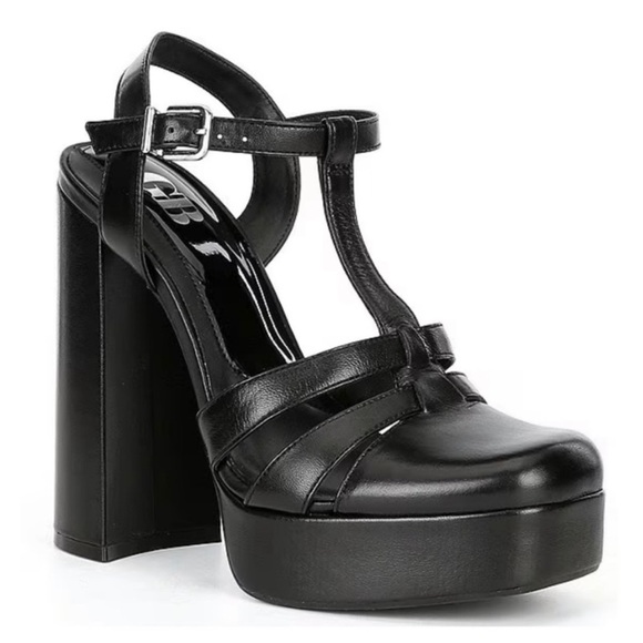⭐️🆕⭐️ Gianni Bini GB “Mem-Ories” Black Leather T-Strap Platform Sandals - Picture 1 of 7